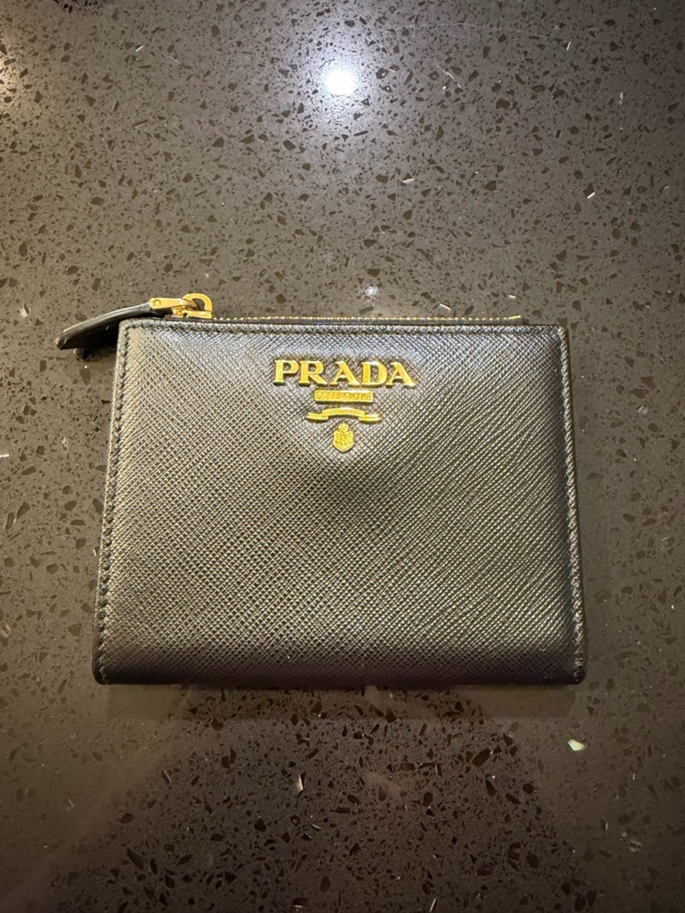 Prada Black Saffiano Leather Zip Wallet with Gold Logo Hardware